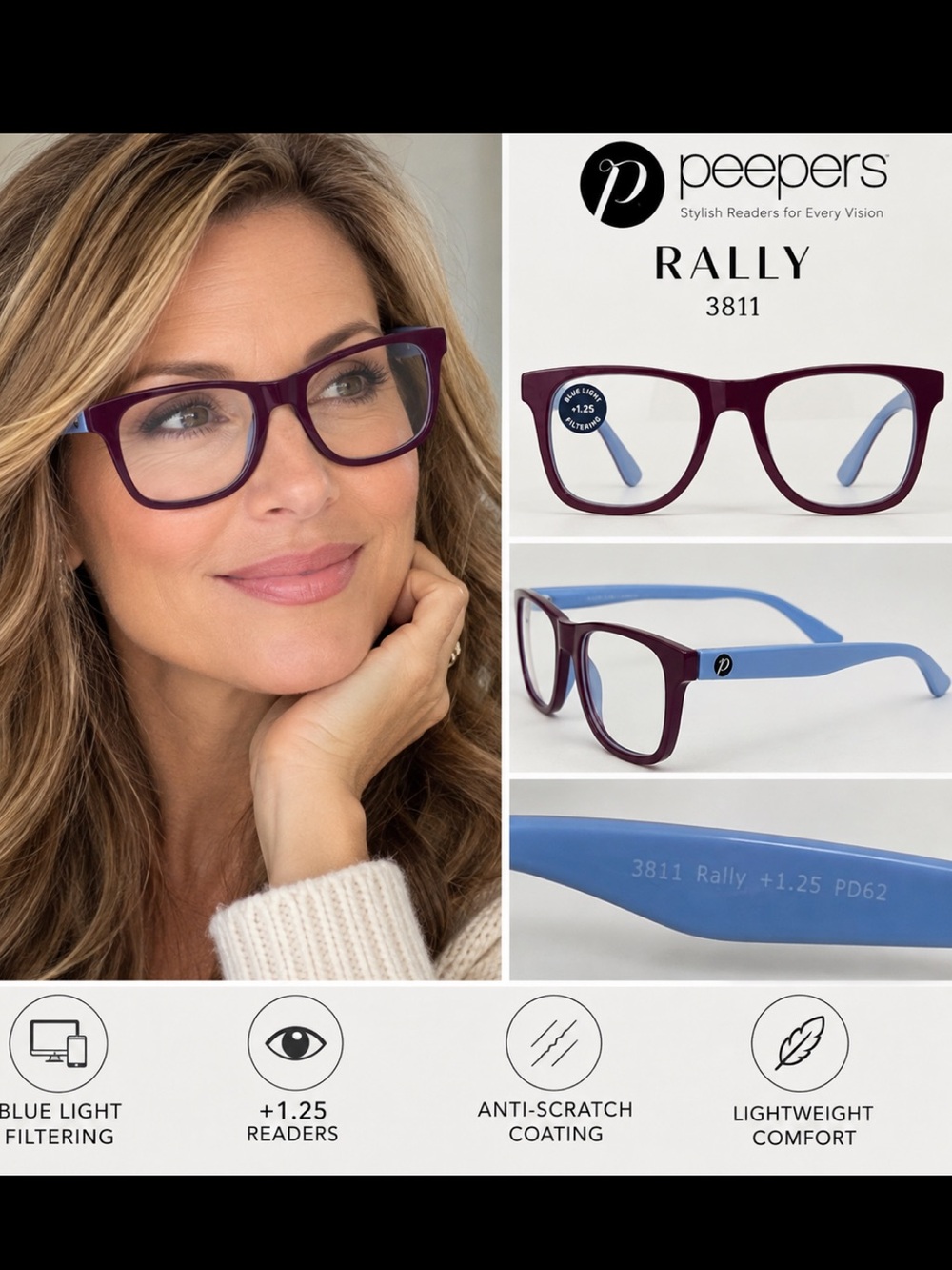 NWT- Rally #3811 Women's Bluelight Readers, burgundy/blue  +1.25